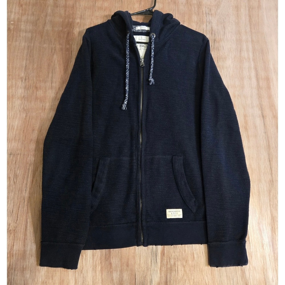 Abercrombie & Fitch Mens Muscle Fit Full Zip Hoodie Navy Blue Textured Knit L